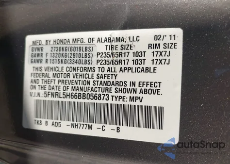 2011 Honda Odyssey Ex-L z USA, uszkodzony, nr VIN 5FNRL5H66BB056873